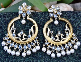 Exquisite Peacock Gold Chand Bali Organic Diamond Earrings